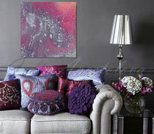 galaxy watercolor, painting, julia apostolova, pink silver, purple gray wall art, silver leaf, abstract, interior, decor, gift for her, Purple Silver Wall Art, Abstract Wall Art, Watercolor Galaxy Painting Canvas Print, Shining Silver Accents