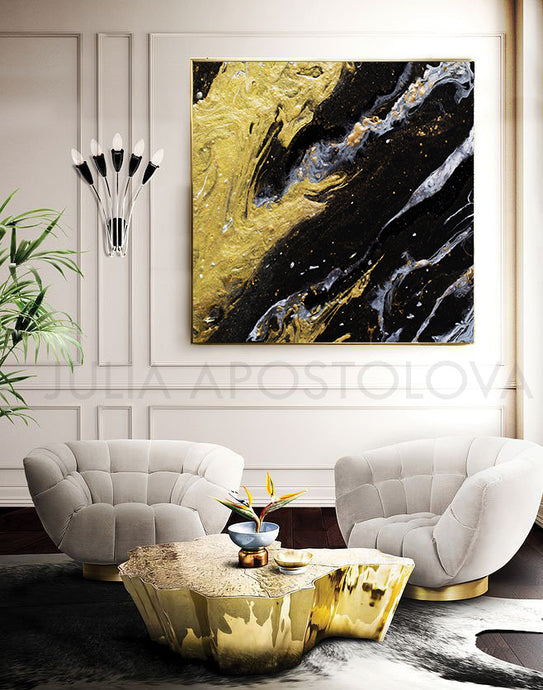 Black Gold Abstract Wall Art Contemorary Home Decor, Modern Design Canvas Painting, Black and Gold, Gold Leaf Painting, Gold Leaf Abstract Art, Gold Leaf Abstract Painting, Modern Art, Abstract Print, Ready To Hang, Large Wall Art, Art Print on Canvas, Black and Gold Painting, Contemporary Art by Julia Apostolova, modern design, interior, interior design ideas, interior designer, Fluid Abstract Art, Fluid Abstract Painting, Canvas, living room, home and office decor