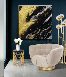 Black and Gold, Gold Leaf Painting, Gold Leaf Abstract Art, Gold Leaf Abstract Painting, Modern Art, Abstract Print, Ready To Hang, Large Wall Art, Art Print on Canvas, Black and Gold Painting, Contemporary Art by Julia Apostolova, modern design, interior, interior design ideas, interior designer, Fluid Abstract Art, Fluid Abstract Painting, Canvas, living room, home and office decor