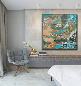 Coastal Beach Art, Wall Art Decor, Abstract Print, Turquoise Teal Gold, Abstract Seascape Painting