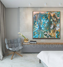 Beach Decor, Coastal Wall Art Decor, Turquoise and Gold, Cells Abstract Painting, Canvas Art Print