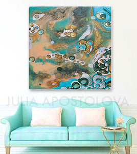 Coastal Beach Art, Wall Art Decor, Visual Fine Art, cosy decor, Julia Apostolova, Interior, Abstract Print, Turquoise Teal Gold, Abstract Seascape Painting