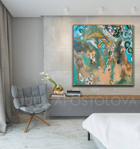 Coastal Beach Art, Wall Art Decor, Visual Fine Art, cosy decor, Julia Apostolova, Interior, Abstract Print, Turquoise Teal Gold, Abstract Seascape Painting