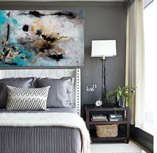 Huge Wall Art Set Abstract Paintings, Two Canvas Prints, Gold Leaf Black Gray Teal, Julia Apostolova