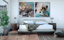Extra Large Wall Art Set of Two Abstract Paintings 2 Canvas Prints Black Gold Teal Julia Apostolova