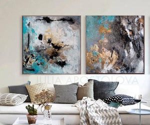 Extra Large Wall Art Set of Two Abstract Paintings 2 Canvas Prints Black Gold Teal Julia Apostolova, Large Wall Art, Gold Leaf, Abstract Painting, Gray Gold Turquoise Black, Watercolor Abstract, Canvas Print, Modern Wall Decor, Calm After The Storm, Julia Apostolova, interior, design, home decor, interior design, art collector