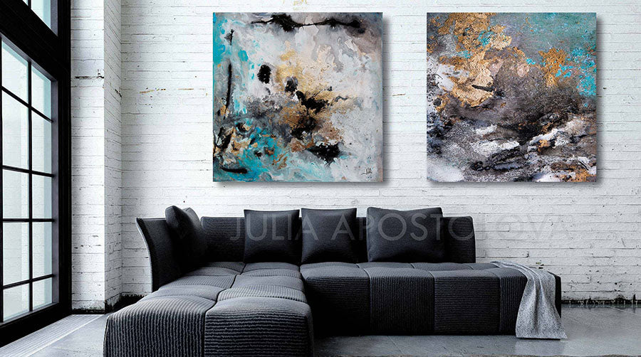 Extra Large Wall Art Set of Two Abstract Paintings 2 Canvas Prints Black  Gold Teal Julia Apostolova