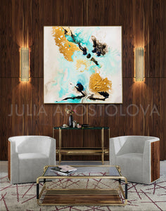  Gold Leaf, Minimal Art, Minimalist, White Gold Black Turquoise, Abstract Painting, Watercolor Abstract, Canvas Print, Modern Wall Decor, Julia Apostolova, Extra Large Wall Art, Abstract Painting, Canvas Print Black Gold Teal Julia Apostolova, Large Wall Art, interior, design, home decor, interior designer, art collector