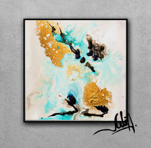 Gold Leaf, White Gold Black Turquoise, Abstract Painting, Watercolor Abstract, Minimal Art, Minimalist, Canvas Print, Modern Wall Decor, Julia Apostolova, Extra Large Wall Art, Abstract Painting, Canvas Print Black Gold Teal Julia Apostolova, Large Wall Art, interior, design, home decor, interior designer, art collector
