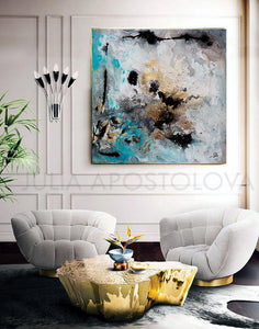Gray Gold Black Wall Art Abstract Painting Canvas Print, Modern Gold Leaf Art 'Calm After The Storm', luxury art. glam decor, gold leaf painting, interior design, julia apostolova, interior designer, abstract watercolor, canvas print, wall decor, interior, large wall art, grey wall art, gray wall art, shining accents, golden details, living room, dinning room, lobby hotel decor, office, bedroom, contemporary, 