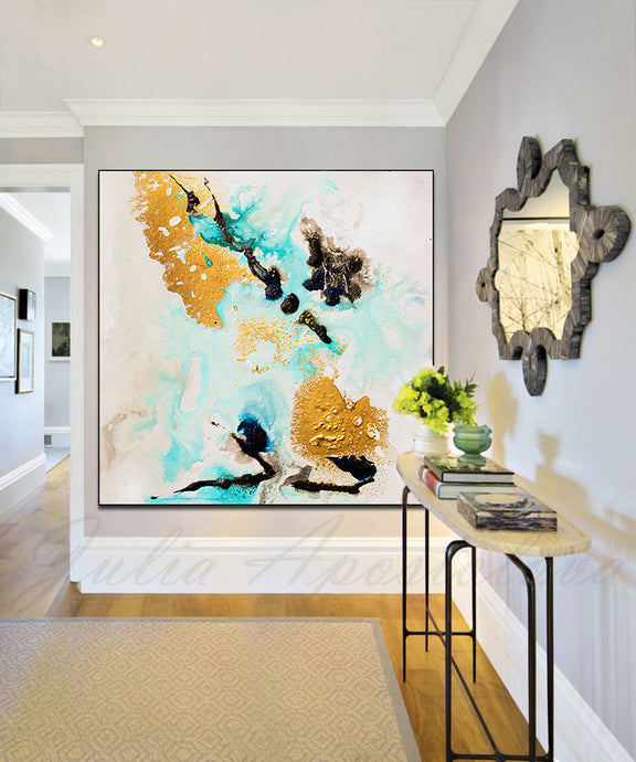Gold Leaf, White Gold Black Turquoise, Abstract Painting, Watercolor Abstract, Minimal Art, Minimalist, Canvas Print, Modern Wall Decor, Julia Apostolova, Extra Large Wall Art, Abstract Painting, Canvas Print Black Gold Teal Julia Apostolova, Large Wall Art, interior, design, home decor, interior designer, art collector