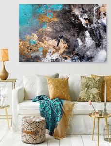 Abstract Gold Leaf Painting, Black Gold Teal, Large Wall Art, Modern Decor by Julia Apostolova, turquoise and black, watercolor art, Gold Leaf Wall art, Julia Apostolova, interior decor, huge art, large wall art, art painting canvas, luxury gold art, abstract gold leaf, abstract watercolor art, modern trendy art, livingroom wall art, interior designer, bedroom art, art for master bedroom, large painting on canvas, gold leaf original painting, glam decor, gray gold turquoise black, marble canvas art
