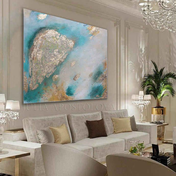 Original Gold Leaf Painting, Luxury Wall Art Abstract, Elegant Interior Decor, Julia Apostolova, Gold Leaf Wall Art, Emerald and Gold original painting, Luxury Wall Art Decor, Original Art, Gold Abstract Art, Glam Art, ''A Vew From Above'', Gold Leaf Art, livingroom, sophisticated art, glamorous art, Earth tones, Earth colors, Contemporary art, home, office, hotel, restaurant decor. Original Ready to Hang, Abstract Painting, Gold Leaf, shining accents, artist, interior, interior design, designer, wall decor