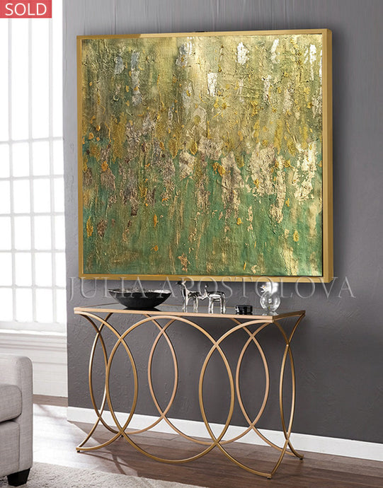 Green Gold Wall Art with Gold Leaf, Original Framed Painting with Metallic Colors for Luxury Decor, metallic green painting, interior decor, interior designers, metallic gold, metallic painting, original art, metallic gold original painting, luxury interior art, luxury gold painting, julia apostolova abstract, Spring Feelings, green painting, elegant painting, spring wall art, spring painting, abstract painting, gold leaf acrylic painting, grass green, emerald green, green wall decor