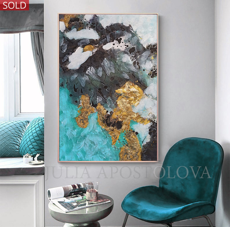 Mountains of gold – gold leaf textured abstract painting