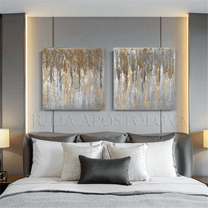 Set of two Original Paintings on the wall over bed in bedroom, Minimalist Art with Gray Silver Gold Colors, Rich 3d Textures, Neutral Abstract Diptych, Gold Leaf Wall Art Decor by artist julia apostolova original art for office interior decor, perfect art gift for him or for someone, gray wall art, silver minimalist wall decor, silver leaf wall artwork and goldleaf
