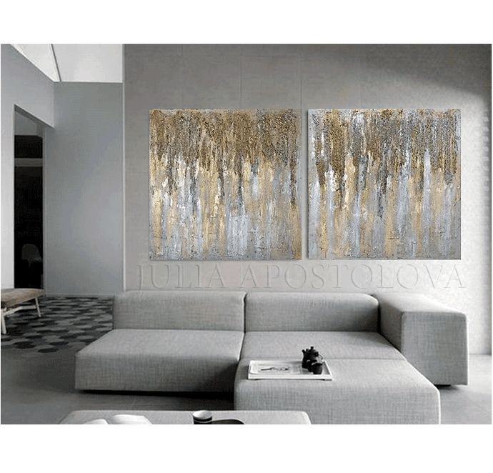 Set of two Original Paintings on the wall in living room, Minimalist Art with Gray Silver Gold Colors, Rich 3d Textures, Neutral Abstract Diptych, Gold Leaf Wall Art Decor by artist julia apostolova original art for office interior decor, perfect art gift for him or for someone, gray wall art, silver minimalist wall decor,  silver leaf wall artwork and goldleaf, golden leaves, gray abstract, silver abstract, Champagne Silk Diptych