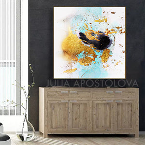 White Black Gold Leaf Watercolor Abstract Canvas Wall Art Decor, Modern Painting by Julia Apostolova