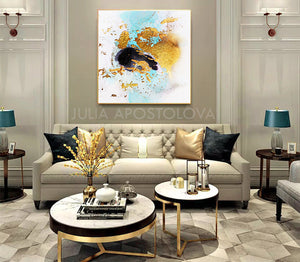 White Black Gold Leaf Watercolor Abstract Canvas Wall Art Decor, Modern Painting by Julia Apostolova