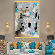 Huge Wall Art Set Abstract Paintings, Two Canvas Prints, Gold Leaf Black Gray Teal, Julia Apostolova