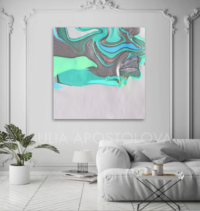 White Silver Gray Turquoise Abstract, Canvas Print, Minimalist Painting, Minimal Art, Modern Decor, Abstract Seascape, Large Wall Art,Fine Artist Julia Apostolova, Interior, Decor, Home Decor, Office Decor, Minimalist, Living Room, Design Interior Designer, Bedroom