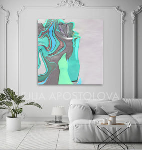 White Silver Gray Turquoise Minimalist Abstract Seascape Minimal Modern Art Print Julia Apostolova