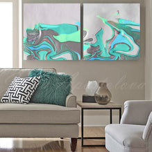 White Silver Gray Turquoise Abstract, Canvas Print, Minimalist Painting, Minimal Art, Modern Decor, Abstract Seascape, Large Wall Art, Fine Artist Julia Apostolova, Interior, Decor, Home Decor, Office Decor, Minimalist, Living Room, Diptych, Design Interior Designer