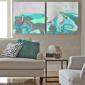 White Silver Gray Turquoise Abstract, Canvas Print, Minimalist Painting, Minimal Art, Modern Decor, Abstract Seascape, Large Wall Art, Fine Artist Julia Apostolova, Interior, Decor, Home Decor, Office Decor, Minimalist, Living Room, Diptych, Design Interior Designer