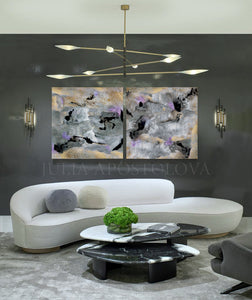 Gold Leaf Abstract Paintings, Gray Black Lilac Wall Art Abstract Canvas Set of Two, ''Elusive'' (1&2), Gold Leaf, Abstract Painting, Julia Apostolova, Diptych, Milky Way, Gray Gold Black, Watercolor Abstract, Canvas Print, Modern Wall Decor, Extra Large Wall Art, Set of Two Abstract Paintings, 2 Canvas Prints, Black Gold Lilac, Julia Apostolova Art, Large Wall Art, interior, design, home decor, interior designer, art collector, livingroom, office decor, bedroom wall art, framed art, gold frame, lobby decor