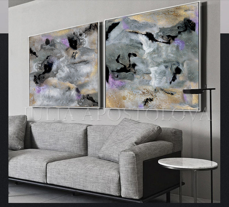 Extra Large Wall Art Set of Two Abstract Paintings 2 Canvas Prints Bla –  Julia Apostolova