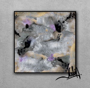 Gold Leaf Abstract Paintings, Gray Black Lilac Wall Art Abstract Canvas Set of Two, 'Elusive'(1&2)