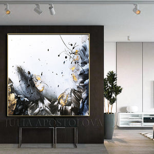 Black White Gold Wall Art, Elegant Abstract Painting with Gold Leaf, Textured Canvas Print, Julia Apostolova, Gold Leaf Painting, Black and White Art, Minimalist Painting, Modern, Contemporary, Wall Art Decor, Interior, Luxury, Modern Watercolor Painting, Gray Black White Gold Abstract Wall Art Canvas Print, Office Decor, Home Decor, Embellished Canvas, Gold Leaf Abstract, Abstract Watercolor, Livingroom Decor, Bedroom Art, Trendy Wall Art, Art Gifts, Shining Accents, Textured Canvas, Minimal Artwork