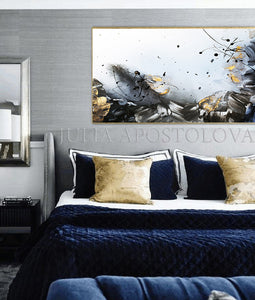 Gold Leaf Painting, Black White Gold Wall Art, Elegant Abstract Painting, Textured Canvas Print, Julia Apostolova, Bedroom Wall Decor, Black and White Art, Minimalist Painting, Luxury Wall Art Decor, Modern, Contemporary, Wall Art Decor, Interior, Glam Wall Art, Glam Decor