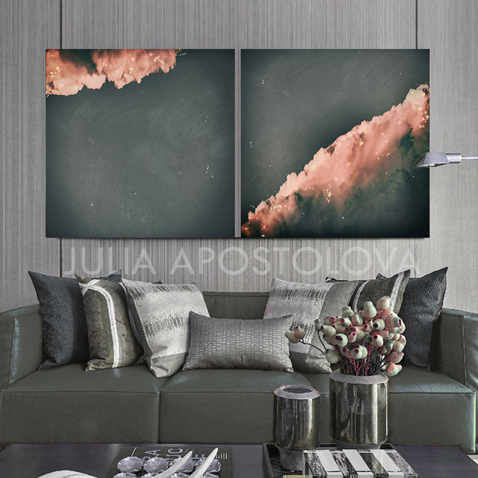 set of two, cloud paintings, cloudscape, 2 wall art, scandinavian design, nordic style, minimal wall art, minimalist painting, cloud print, cloudscape wall art, dreamy art, scandinavian art, nordic design, scandinavian design style, julia apostolova, gray, grey, rose gold, pink, watercolour, watercolor print, modern wall decor, wall art decor, wall art, contemporary two abstract prints, abstract painting, modern decor, canvas prints, zen, bedroom painting, minimalist art, bedroom art, livingroom, bathroom