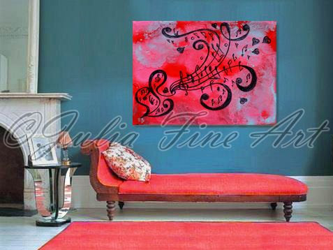 Pink Musical Painting, Love Art, Girl Room Wall Art Decort, Canvas Print with Music Notes and Hearts, Musical Wall Art, Music Notes, Sol Key, Music Gifts, Art Gift, Interior, Kids Room, Pink and Black, Pink Abstract, Pink Wall Art