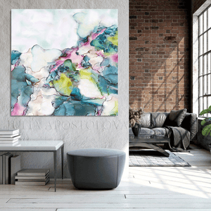 Abstract Ink Painting Pink Teal Abstract Wall Art Large Canvas Print for Modern Trend Art Decor, Pastel Abstract Painting Cloud Wall Art Romantic Painting Large Canvas Art Print Modern Trend Decor, Purple Gray Abstract Painting, Modern Wall Art Decor, Pink Turquoise Textured Canvas, Office Decor, Home Decor, Minimalist Painting, Elegant, Pink Purple Teal, Living Room, Bedroom, Interior, Abstract Art, Large Abstract, Huge Art, Ready to Hang. Art over Bed, Romantic Art, Art Gift for Her