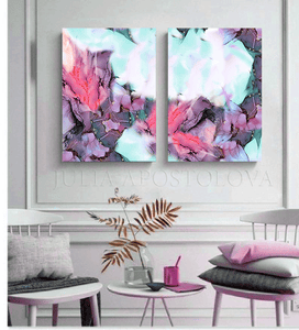 Floral Abstract Art, Ink Painting Lovely Set of Two Art Canvas Prints of Original Abstract Paintings, Bedroom Art, Gift for Her, Ink Abstract Wall Art, Livingroom Wall Art Decor, Large Wall Art Set, Pink Art, Pink Purple Lilac Teal Art