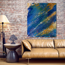 Navy Blue Abstract Ocean Painting with Gold, Galaxy Wall Art,Space Canvas Art Print Julia Apostolova
