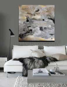 Gray Black Gold Wall Art 'Milky Way' Part 2, Modern Abstract Gold Leaf Painting Print, Julia Apostolova Art, Watercolor Abstract, Gray Gold Black Art, Gold Leaf Painting Print by Julia Apostolova, Interior Decor, Contemporary Art, Hotel Lobby Decor, Office Decor, Wall Art, Luxury Art Decor, Glam Decor, Gold Leaf Wall Art Abstract Watercolor Canvas, Bedroom, Living Room