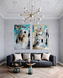 Huge Wall Art Set Abstract Paintings, Two Canvas Prints, Gold Leaf Black Gray Teal, Julia Apostolova