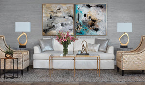 Gray Gold Black Wall Art Abstract Painting Canvas Print, Modern Gold Leaf Art 'Calm After The Storm', luxury art. glam decor, gold leaf painting, interior design, julia apostolova, interior designer, abstract watercolor, canvas print, wall decor, interior, large wall art, grey wall art, gray wall art, shining accents, golden details, living room, dinning room, lobby hotel decor, office, bedroom, contemporary, milky way, julia apostolova art, diptych, 