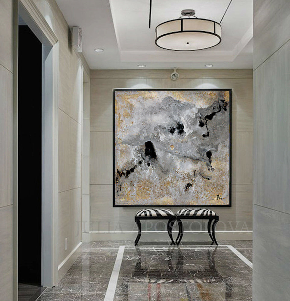 Watercolor Abstract, Gray Gold Black Art, Gold Leaf Painting Print 'Milky Way' Part 1 by Julia Apostolova, Interior Decor, Contemporary Art, Hotel Lobby Decor, Office Decor, Wall Art, Luxury Art Decor, Glam Decor, Gold Leaf Wall Art Abstract Watercolor Canvas