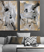 Gray Gold Black Wall Art Set, Gold Leaf Abstract Canvas Paintings 'Milky Way'(1&2), Julia Apostolova