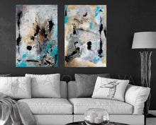 Huge Wall Art Set Abstract Paintings, Two Canvas Prints, Gold Leaf Black Gray Teal, Julia Apostolova