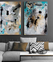 Huge Wall Art Set Abstract Paintings, Two Canvas Prints, Gold Leaf Black Gray Teal, Julia Apostolova
