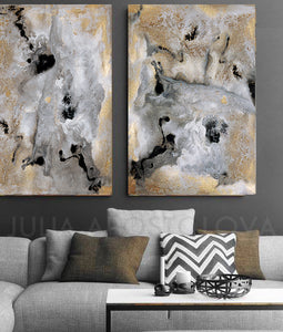 milky way, gold leaf painting, julia apostolova art, gold leaf art, interior, set of 2, black grey gold, watercolour, modern decor, happy clients, watercolor print, modern wall decor, wall art decor, wall art, contemporary two abstract prints, two abstract paintings, modern decor, canvas prints, golden accents, metallic accents, golden details, shining accents, sparkle art, interior design