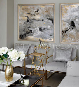 Gold Leaf, Abstract Painting, Julia Apostolova, Diptych, Milky Way, Gray Gold Black, Watercolor Abstract, Canvas Print, Modern Wall Decor, Julia Apostolova, Extra Large Wall Art, Set of Two Abstract Paintings, 2 Canvas Prints Black Gold Teal Julia Apostolova Art, Large Wall Art, interior, design, home decor, interior designer, art collector
