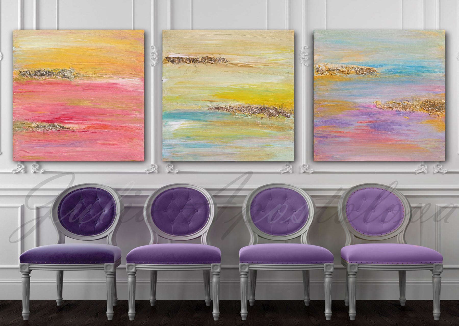 LARGE WALL ART Triptych 3 Panel Wall Contemporary Art Tree of Life Forest  Stars Purple Canvas Original Painting Abstract Minimalist 