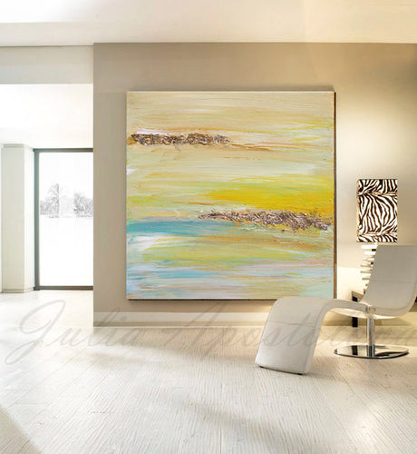 Yellow Gold Blue Abstract Print, Gold Leaf, Minimalist Painting, Interior, Design, Decor, Modern, Large Wall Art, ''The Light Of Peace Love And Hope'' Part 2