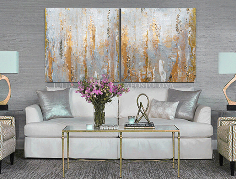 Minimalist Elegant Gray Gold Wall Art Set of Two Abstract Canvas Paintings with Gold Leaf Details, Julia Apostolova, Glam Art Decor, Luxury Painting, Luxury Decor, Gold Wall Art, Elegant Painting, Minimal Art, Livingroom Decor, Minimalist Painting, Elegant Art, Gray Gold Painting, Large Wall Art, Beige, Silver